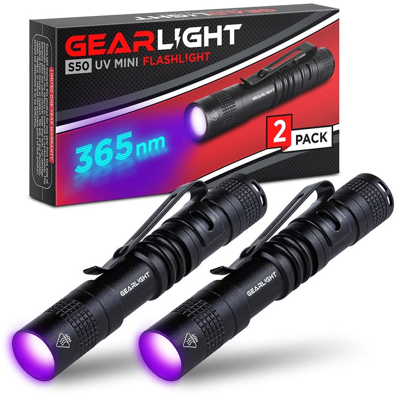GearLight UV Flashlight S50-365 nm Mini Blacklight Ultraviolet Pen Flashlights for ID Check, Leak AC Detection, Resin Curing - Pet Urine, Scorpion, Stain Handheld Detector - (Pocket Light) - 2 Pack - Image 1